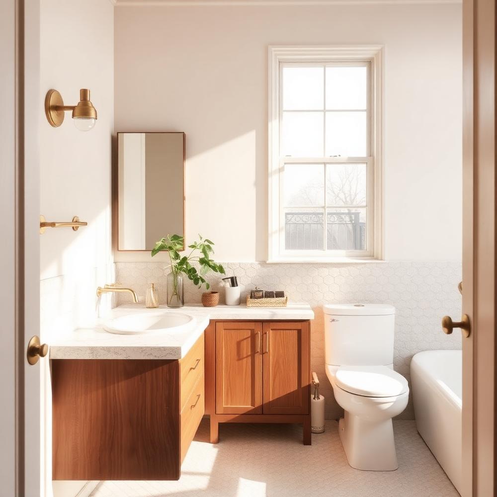 Remodeled bathroom with wood vanity, brass fixtures and tiled wainscot