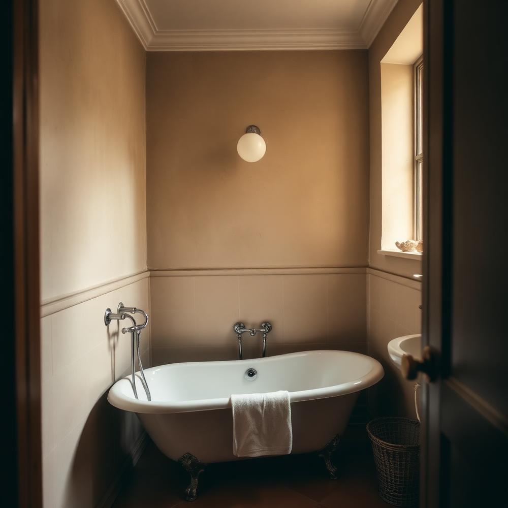 Small guest bathroom with plaster walls and a restored clawfoot tub