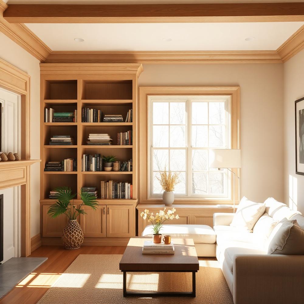 Custom built-in oak bookshelves and trim carpentry in a sunlit living room