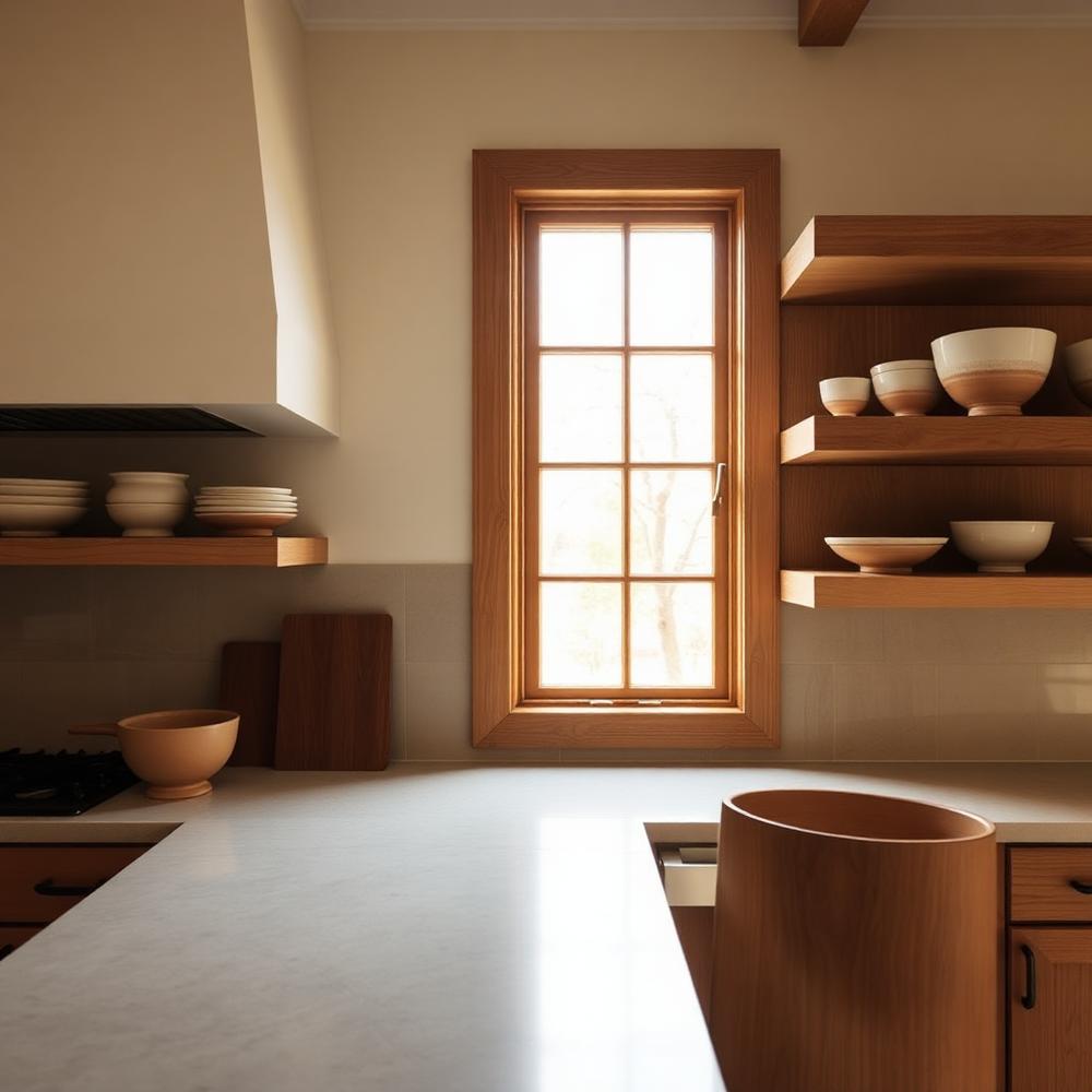 Kitchen detail with walnut open shelving, stone counter and handmade bowls