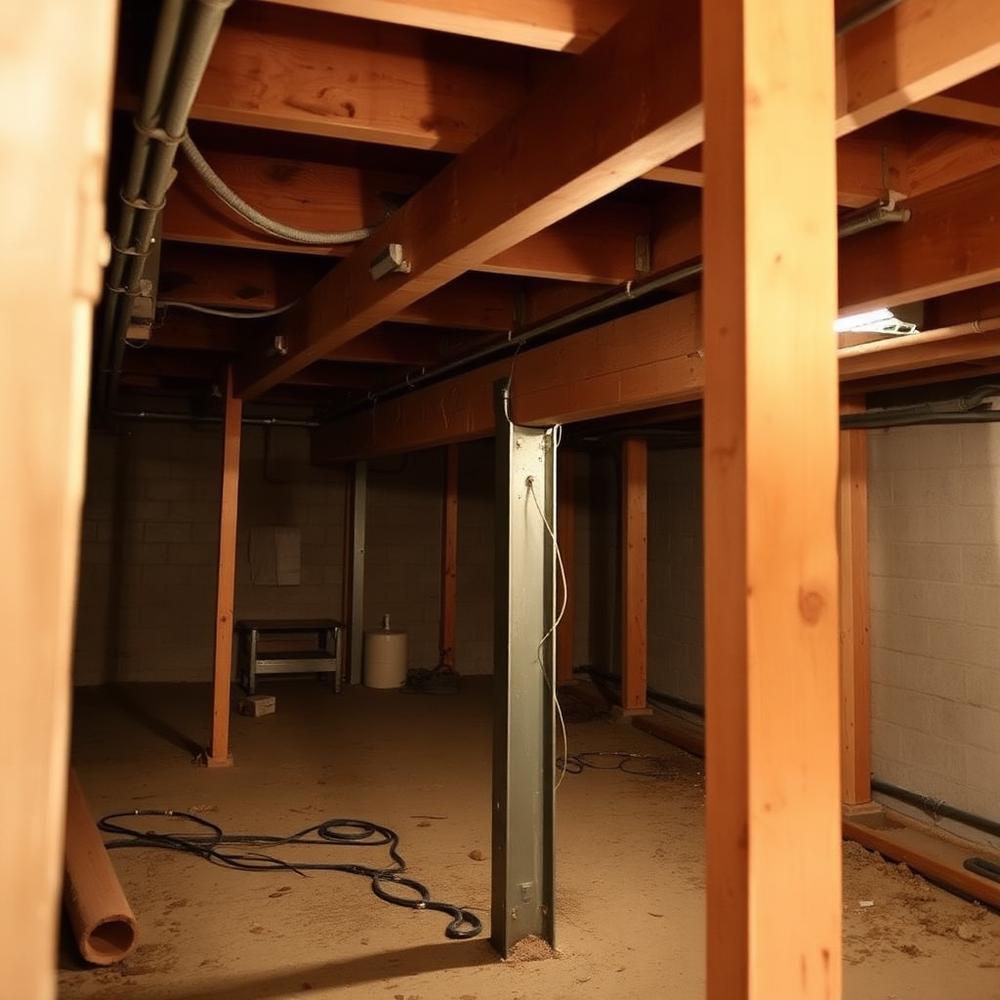 Basement structural repair with new sistered floor joists and a steel support post