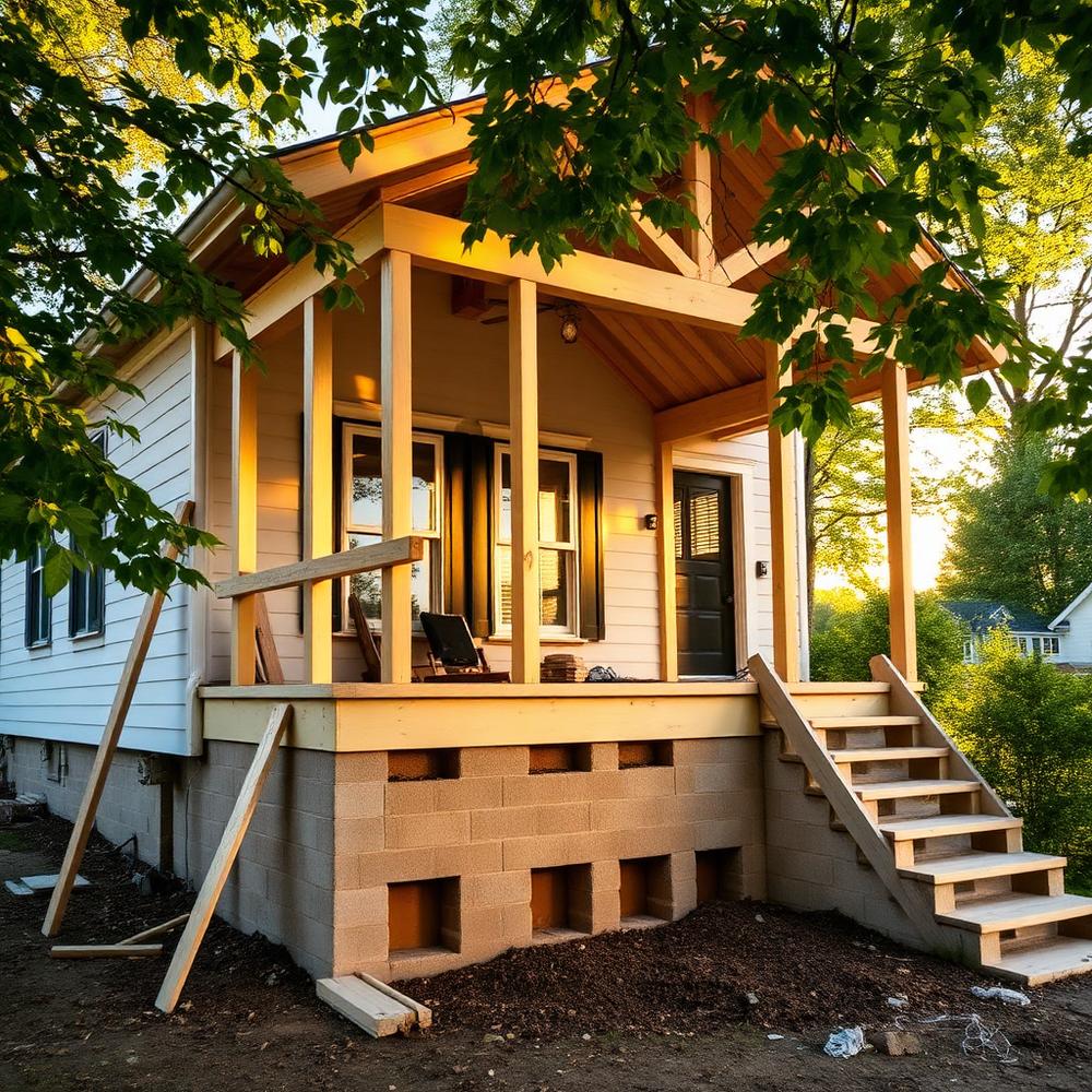 Farmhouse porch reframing and foundation repair at golden hour